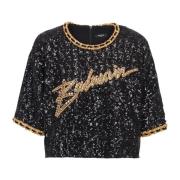 Cropped T-shirt with sequin embroidery