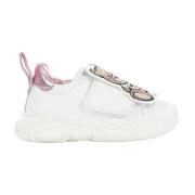 Hvide Læder Sneakers med Teddy Bear Patch og Pink Lamineret Indsats - ...