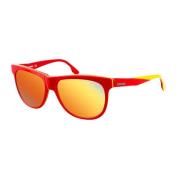 Solbriller med rød acetatramme og gule konturer