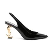 Sorte Patent Slingback Pumps med Guld Logo