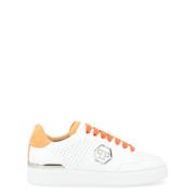 Hvid og Orange Perforeret Læder Sneakers