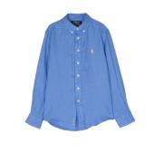 Drengeblå Linen Button-Down Skjorte