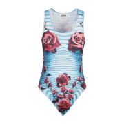 Blå Stribet Blomstret Bodysuit Top