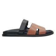 Kvinders Brun & Sort Læder Slide Sandaler ER00115100