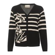 Sort Strik Cardigan med Blomster Striber