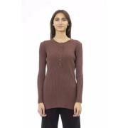 Brun Crew-neck Sweater med Side Slits