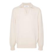 Beige Sweater Børstet Strik Polo Krave