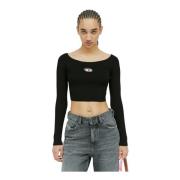 Ribstrik Crop Top med Logo