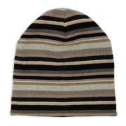 Unisex vendbar sort fleece beanie med flerfarvede striber.