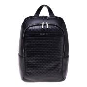 Backpack in black leather with woven print