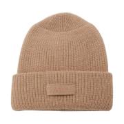 Beige Uld Ribstrikket Hat