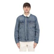 Denim Sherpa Jakke med Falsk Pelskrave