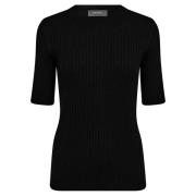 Sort Ribbet Crew Neck Strik Top