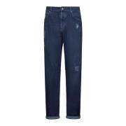 Blå Denim Straight-Leg Jeans med Rips