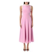 Pink Crepe Pearl Trim Midi Kjole