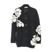 Sort Blomstret Jacquard Cardigan Strikvarer