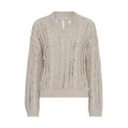 Beige Ribbet V-hals Sweater