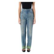 Denim Crop Jacquard Trim Straight Leg