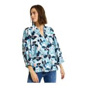 Blå Blomstret Bluse med V-Hals