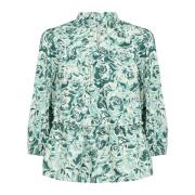 Grøn Rose Print Bluse med Flæse