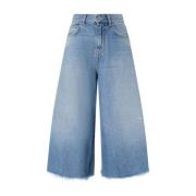 Denim High-Waisted Flared Shorts med Frynsekant