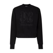 Sort Cropped Sweatshirt med Broderier