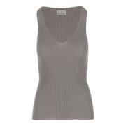 Ribbet V-hals tanktop beige