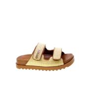 Beige Rafia Mules med Gylden Logo