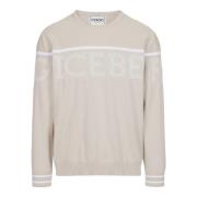 Isfarvet crewneck sweater i Mak? bomuld med tofarvet jacquard-arbejde