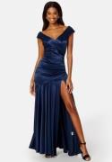 Goddiva Satin Bardot Pleat Maxi With Split Navy XL (UK16)