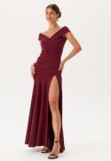 Goddiva Bardot Pleat Maxi Split Dress Wine-red XXS (UK6)