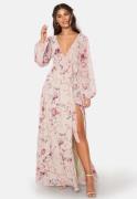 Goddiva Floral Long Sleeve Chiffon Maxi Dress Latte XXL (UK18)