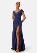 Goddiva Bardot Pleat Maxi Split Dress Dark blue M (UK12)