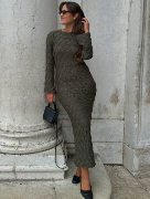 BUBBLEROOM Structure Long Sleeve Midi Dress Khaki green M