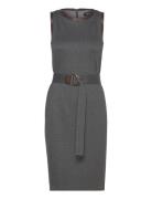 Faux-Leather-Trim Belted Jacquard Dress Knælang Kjole Grey Lauren Ralp...