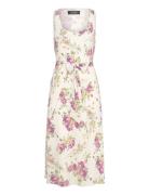 Floral Belted Crepe Sleeveless Dress Knælang Kjole Cream Lauren Ralph ...