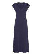 V-Neck Cotton Dress Knælang Kjole Navy Mango