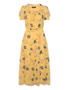 Floral Georgette Puff-Sleeve Midi Dress Knælang Kjole Yellow Lauren Ra...