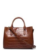 Embossed Leather Small Marcy Satchel Shopper Taske Brown Lauren Ralph ...