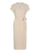 V-Neck Short Sleeve Wrap Dress Knælang Kjole Beige Bubbleroom