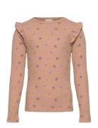 T-Shirt Ls Aop Rib Tops T-shirts Long-sleeved T-Skjorte Beige Minymo