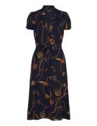 Print Belted Georgette Puff-Sleeve Dress Knælang Kjole Navy Lauren Ral...